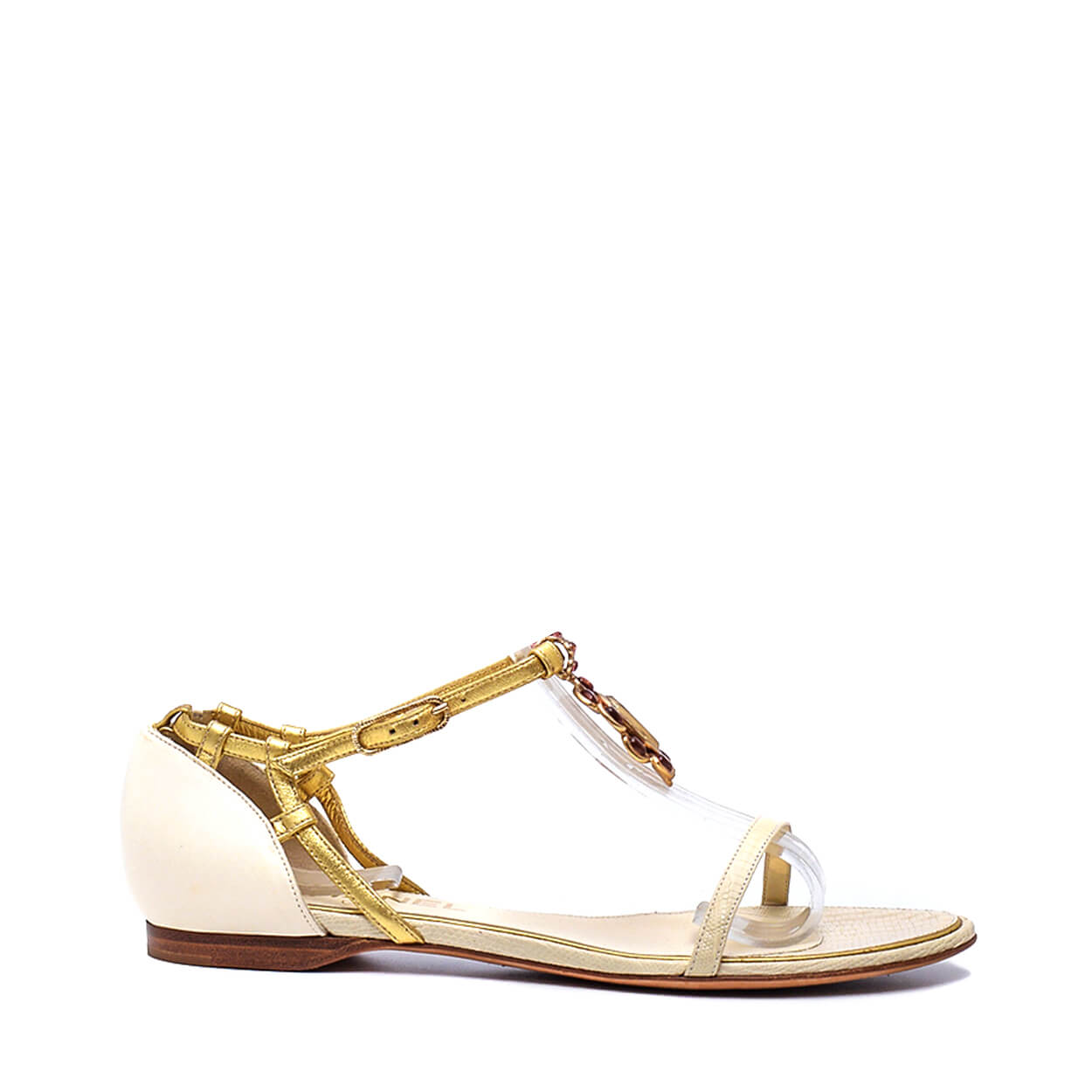 Chanel - White & Gold Camella Crystal Sandals 37